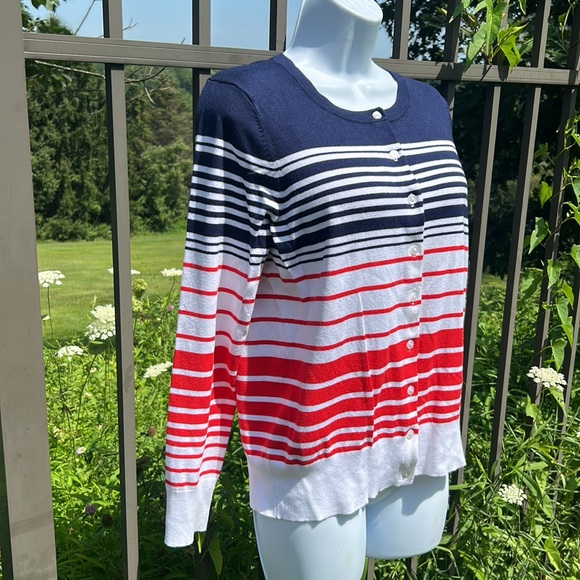 Patriotic Charter Club Red White & Blue Striped Cardigan Sweater Size Medium - Picture 2 of 6